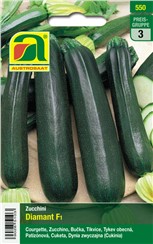 Zucchini "Diamant F1":   Eine dunkelgrüne, zylindrische Sorte mit hohem Ertrag. Nicht rankend.