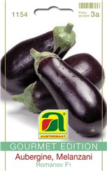 Aubergine "Romanov F1":   Ertragreiche Sorte mit glänzenden, dunkelvioletten Früchten. Möglichst junge