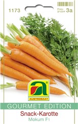 Snack-Karotte "Mokum F1":   Frühe Karotte mit zylindrischen Wurzeln. Bei engerem Stand optimal als Snack