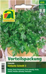 Petersilie "Einfache Schnitt 3" (Comun 3):   Eine dichtlaubige Schnittpetersilie mit glatten, dunkelgrünen Blättern mit t