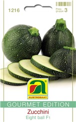 Zucchini "Eight ball F1":   Ertragreiche Sorte mit buschigem Wuchs und dunkelgrünen, leicht gesprenkelte