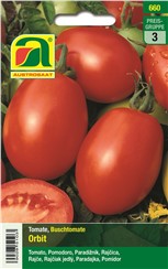 Tomate "Orbit":   Eine kompakte, mittelfrühe Buschtomate mit ovalen Früchten. Ideal für die Ku