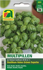 Basilikum "Hohes Grünes Superbo":   Multipill - für leichte Aussaat und buschige Pflanzen. Eine Pille vereint me