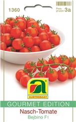 Nasch-Tomate "Bejbino F1":   Runde Cocktailtomate mit ca. 35 g schweren Früchten. Ideal zum Naschen zwisc