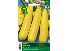 Zucchini "Gold Rush F1":   Bildet goldgelbe, gleichmäßige Früchte. Nicht rankend.
