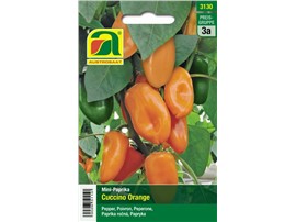 Mini-Paprika "Cuccino Orange":   Die ca. 3,8 cm breiten und 7 cm langen Früchte reifen von grün auf orange ab