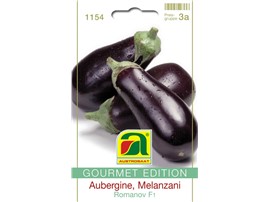Aubergine "Romanov F1":   Ertragreiche Sorte mit glänzenden, dunkelvioletten Früchten. Möglichst junge