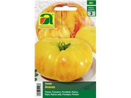 Tomate "Ananas":   Große Fleischtomate. Die gelben, gerippten Früchte sind attraktiv rot geflam