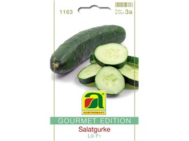 Salatgurke "Lili F1":   Lili F1 ist eine frühe, dunkelgrüne Salatgurke mit ca. 20-22 cm langen Früch