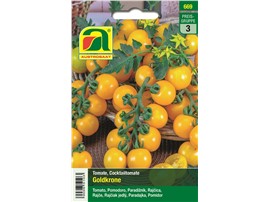 Tomate "Goldkrone":   Eine ertragreiche Sorte mit aromatischen, gelben, kirschgroßen Früchten.
