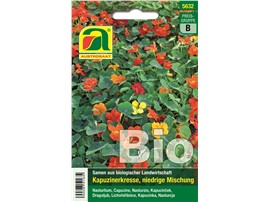 Kapuzinerkresse BIO "Niedrige Mischung":   Einfach Blüten in verschiedenen Gelb-, Orange- und Rottönen. Blüten und Blät