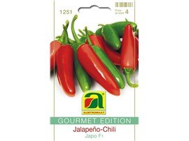 Jalapeno-Chili "Japo F1":   Die 7-8 cm langen Früchte werden grün oder rot gegessen. Auch für Topfkultur