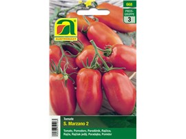 Tomate "S. Marzano 2":   Eine längliche Tomate, die besonders für Tomatensaucen geeignet ist.