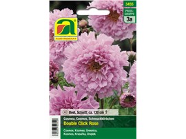 Cosmea "Double Click Rose":   Gefüllte Sorte mit großen Blüten auf starken Stielen.