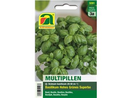 Basilikum "Hohes Grünes Superbo":   Multipill - für leichte Aussaat und buschige Pflanzen. Eine Pille vereint me