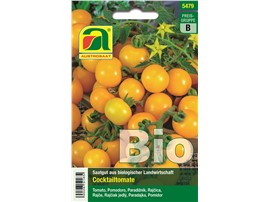 Tomate BIO "Clementine":   Kleine, gelbe Cocktailtomate mit langen Rispen.