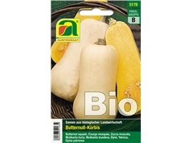 Kürbis BIO "Butternuß-Kürbis":   Lagerfähige Sorte mit orangem Fleisch und erdnußartigem Aroma.