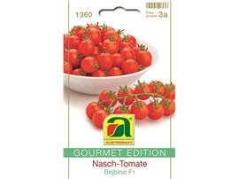 Nasch-Tomate "Bejbino F1":   Runde Cocktailtomate mit ca. 35 g schweren Früchten. Ideal zum Naschen zwisc